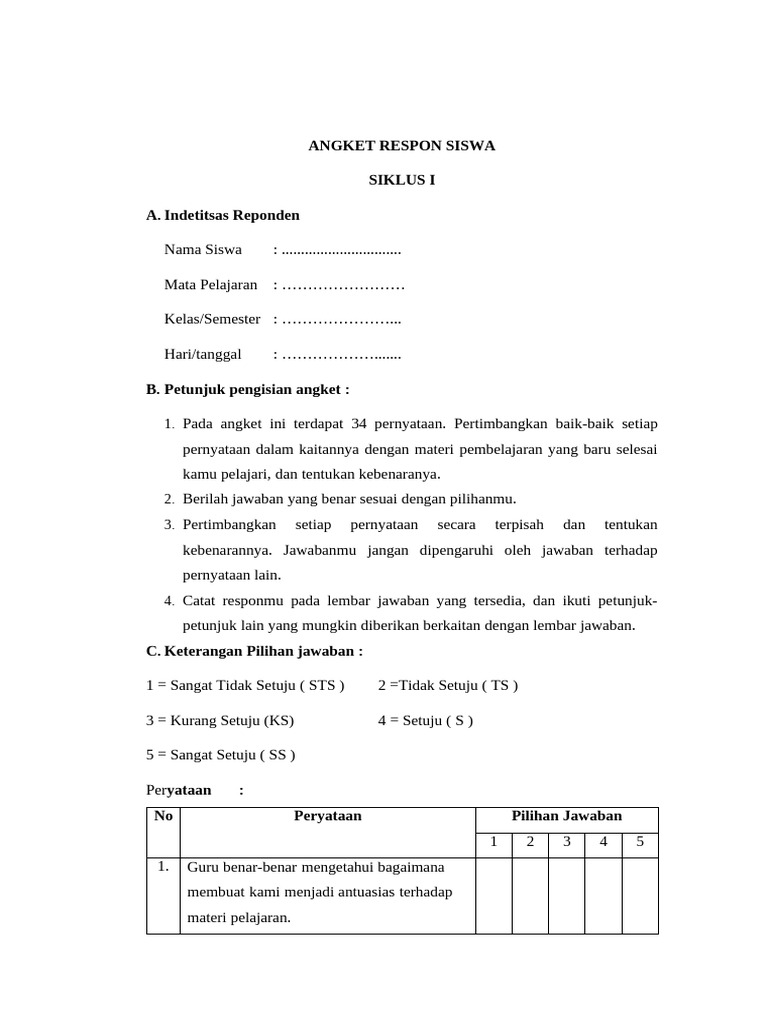 Angket Respon Siswa Siklus I | PDF