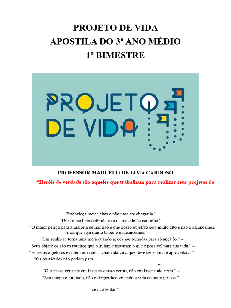 Apostila Projeto de Vida 1º Bimestre 3ºano Eja | PDF