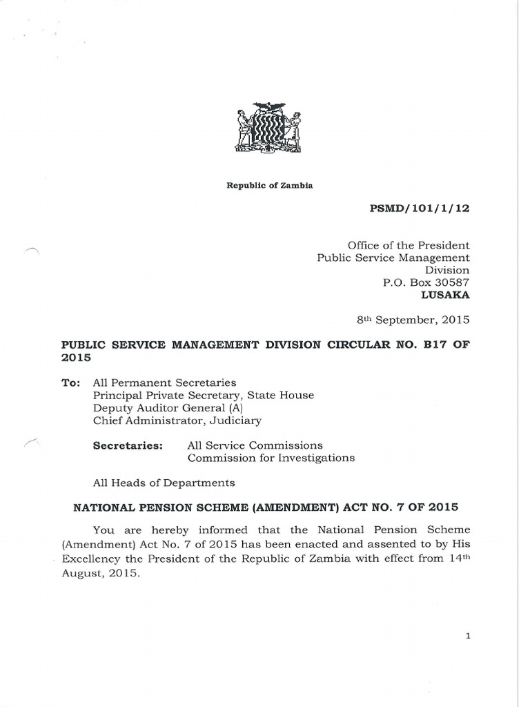 Psmd - Circular No. b17 of 2015 Amendment of Napsa Act | PDF