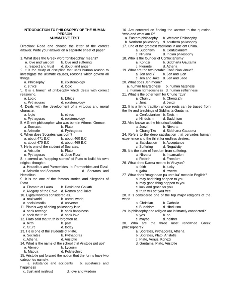 Summative Test in Introduction To Philosophy of The Human Person | PDF