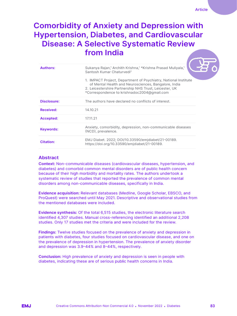 Comorbidity of Anxiety and Depression With Hypertension Diabetes and ...