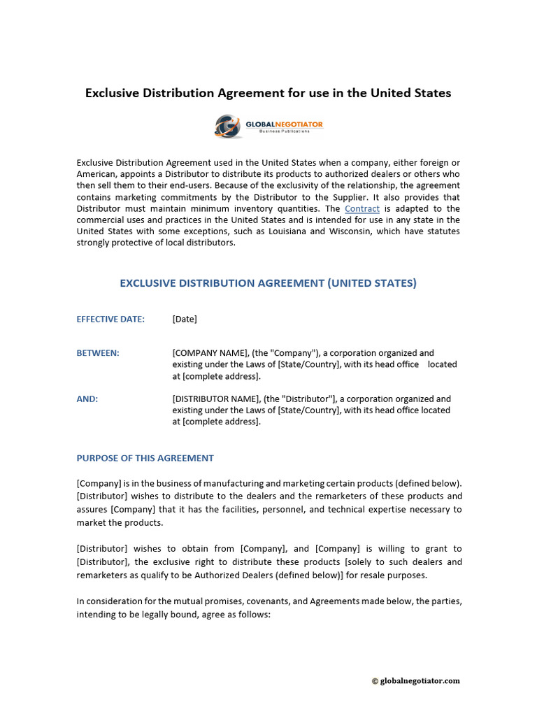 Exclusive Distribution Agreement United States | PDF