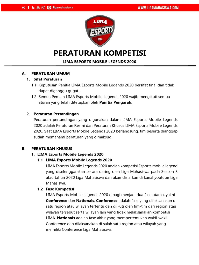 PERATURAN KOMPETISI LIMA Esports Mobile Legends Bang Bang 2020 | PDF