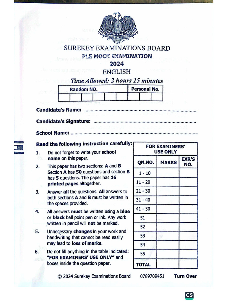 Sure Key P.L.E Mock 2024 | PDF