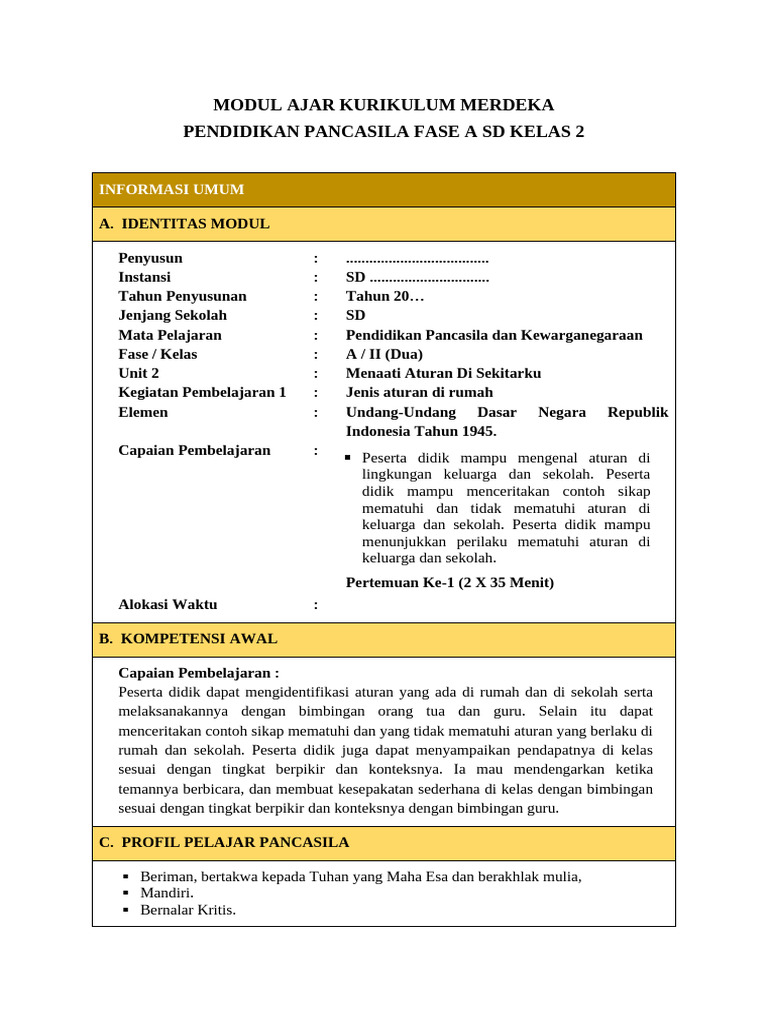 Modul Ajar Kelas 2 - Pendidikan Pancasila | PDF