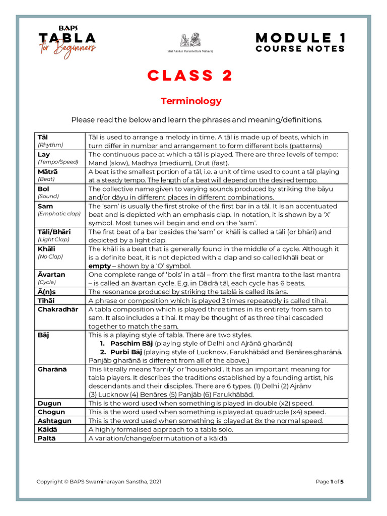 BAPS Tabla For Beginners Course Notes Class 2 | PDF