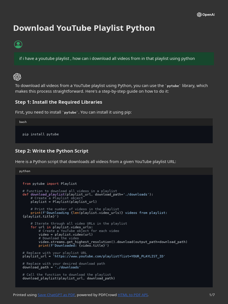 Download YouTube Playlist Python | PDF