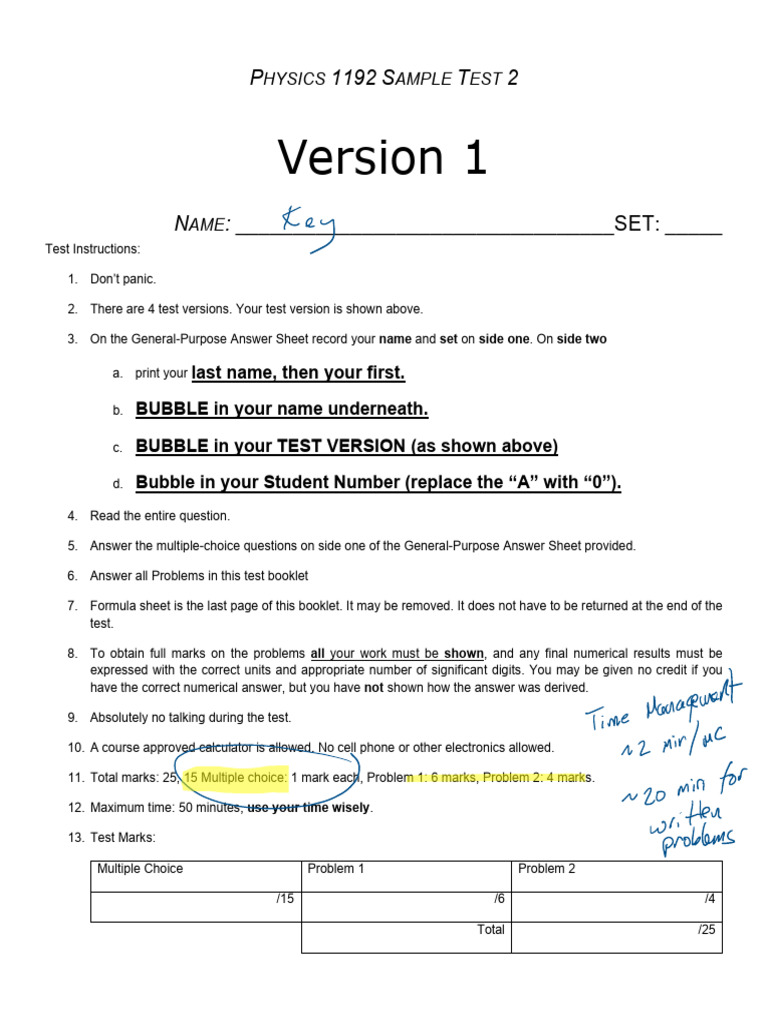 P1192 Test 2 Sample Solution Key | PDF