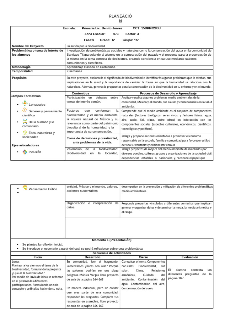 Formato de Planeación Proyecto ABP SEXTO GRADO | PDF