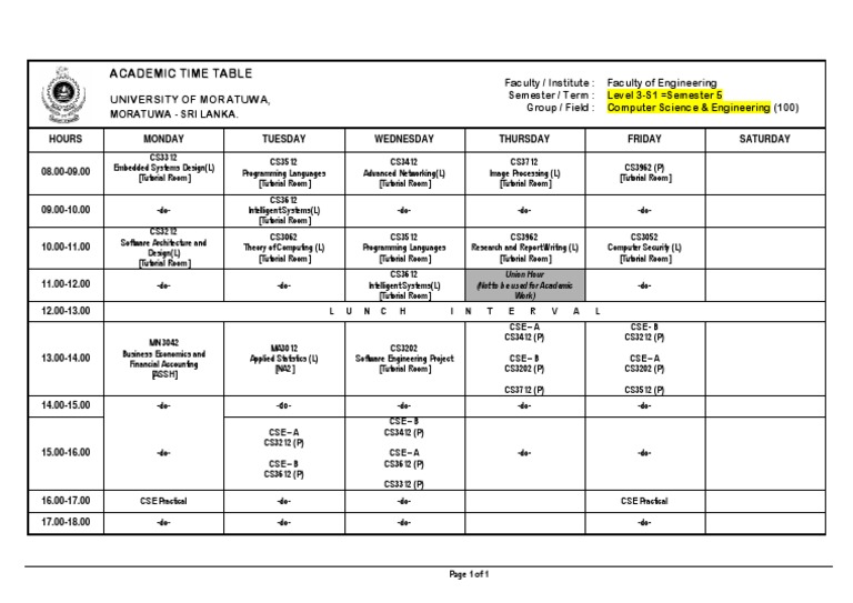 University of Moratuwa CSE Timetable | PDF
