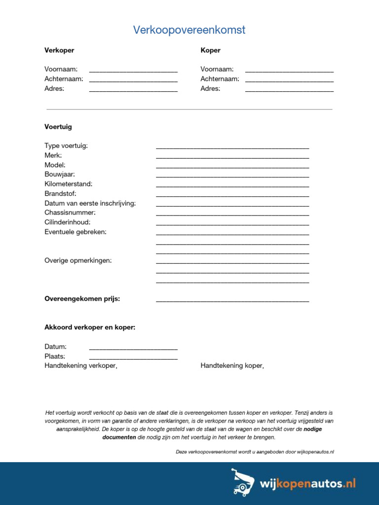 Verkoopovereenkomst Auto Voorbeeld NL | PDF