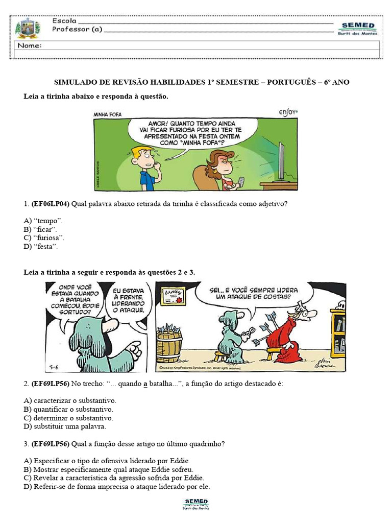 SIMULADO 6 ANO PORTUGUÊS AGOSTO | PDF