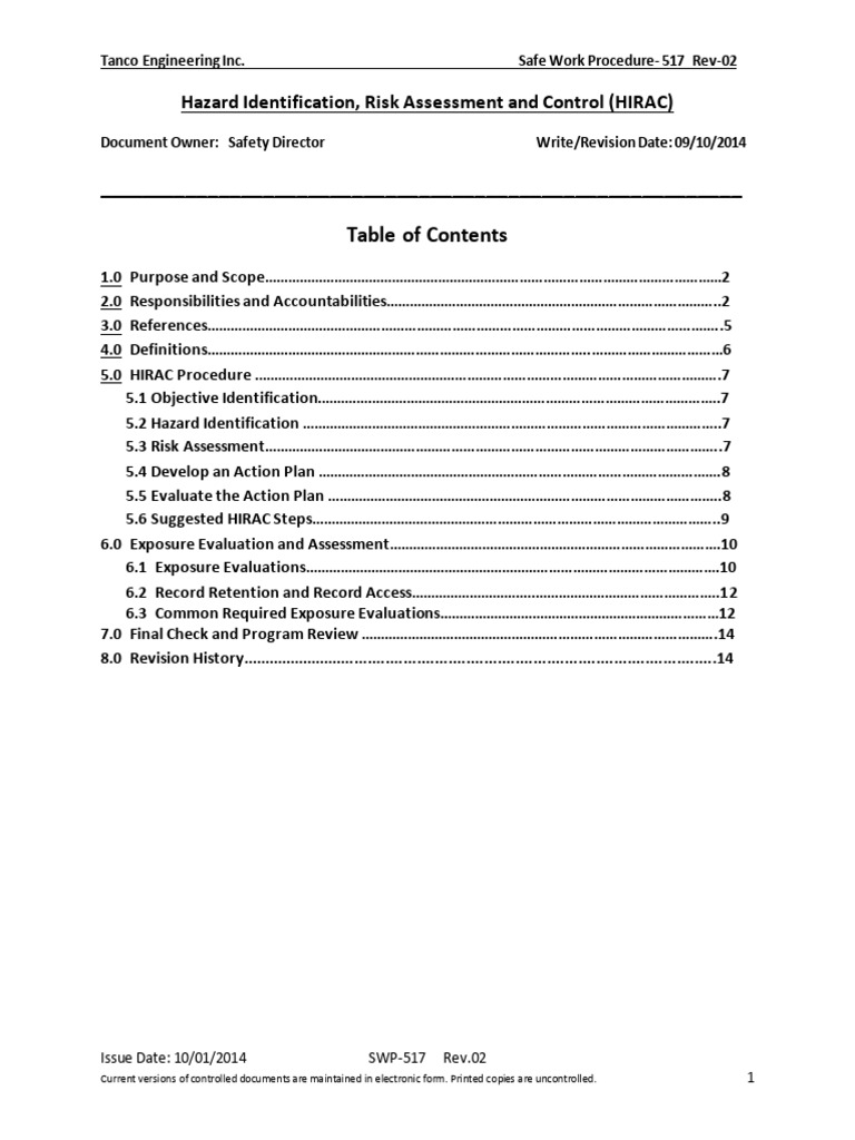 SWP 517 Hazard Identification Risk Assessment and Control | PDF