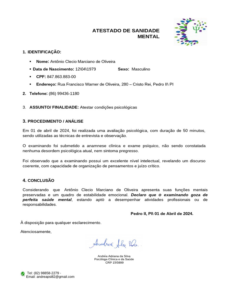 Modelo de Atestado de Sanidade Mental | PDF