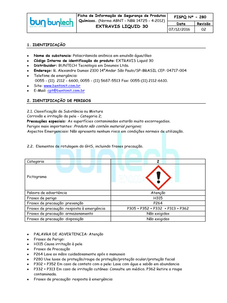 280 - FISPQ - BUNTECH - EXTRAVIS LIQUID 30-Rev2016 | PDF