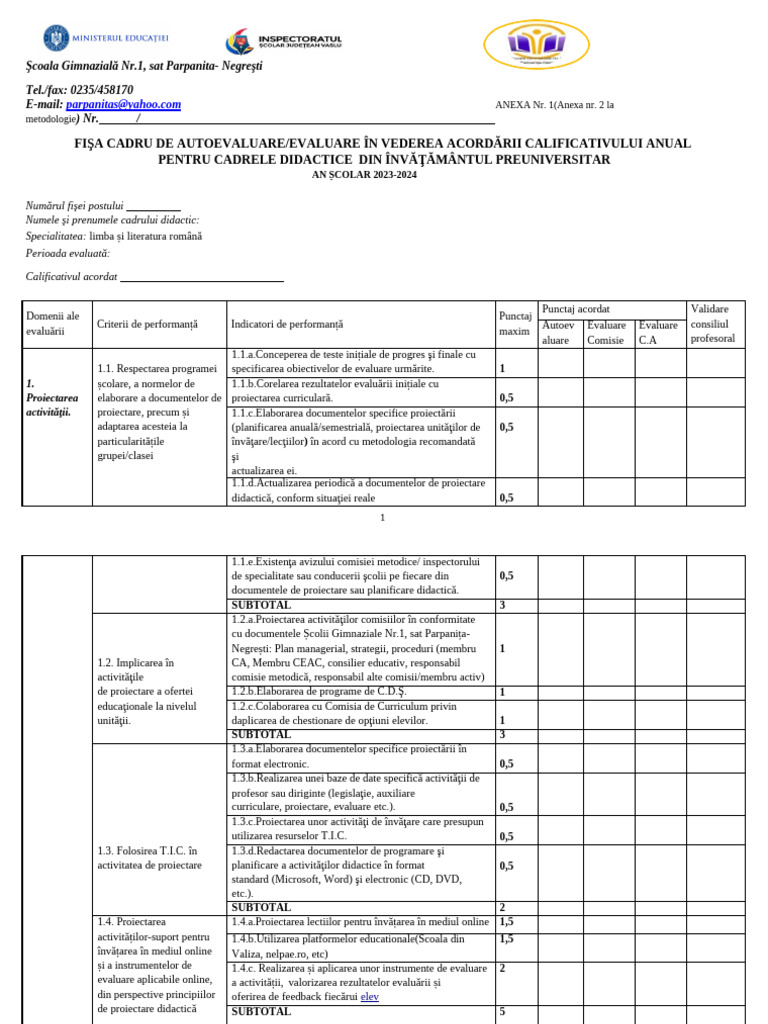 Fișă-Autoevaluare 2023-2024 | PDF