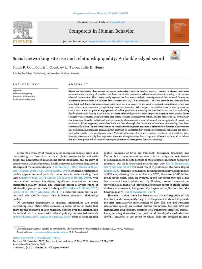 Social Networking Site Use and Relationship Quality | PDF