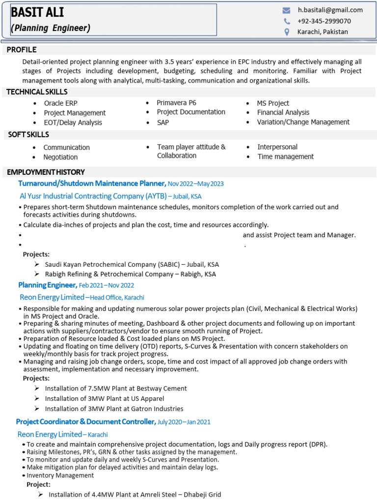 Basit Ali-Planning Engineer-3.5 Years Experience | PDF