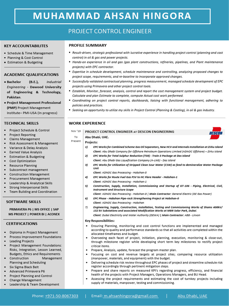 Muhammad Ahsan Hingora - Project Control Engineer | PDF