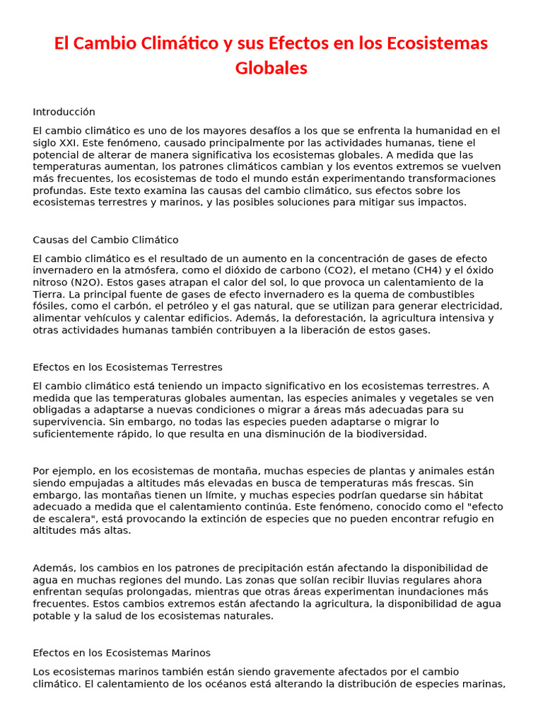 El Cambio Climático y Sus Efectos en Los Ecosistemas Globales | PDF