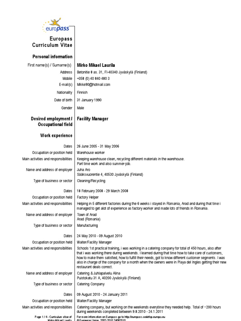 Europass Cv Mirko Laurila Conversation Essays