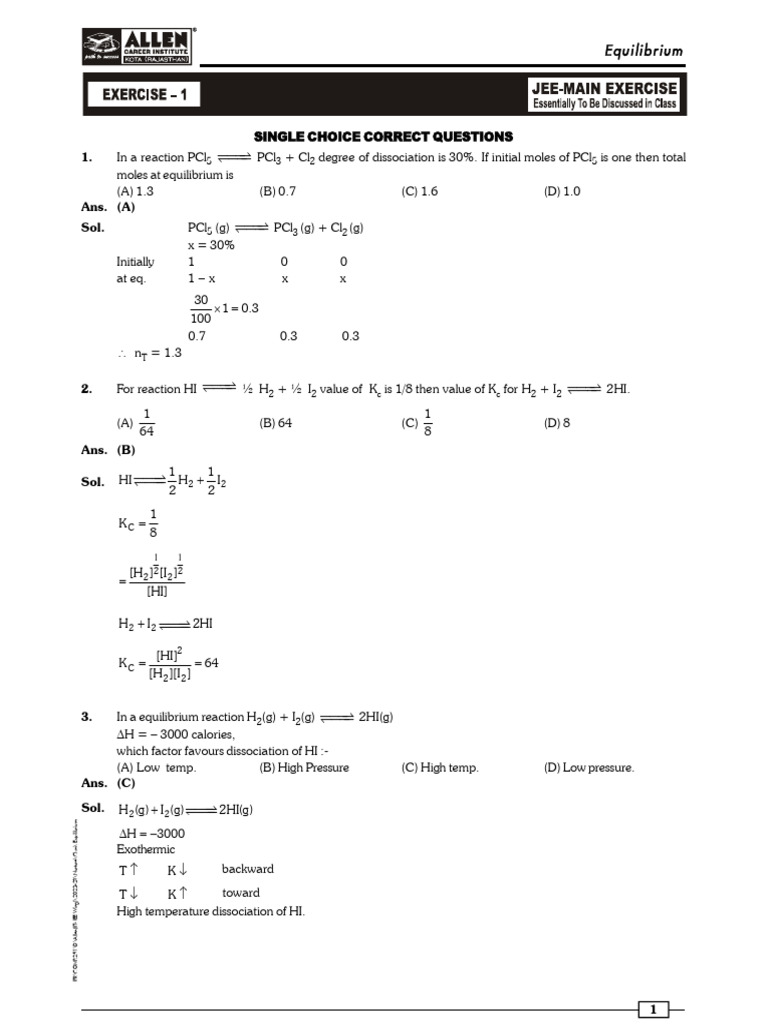Single Choice Correct Questions: Equilibrium | PDF