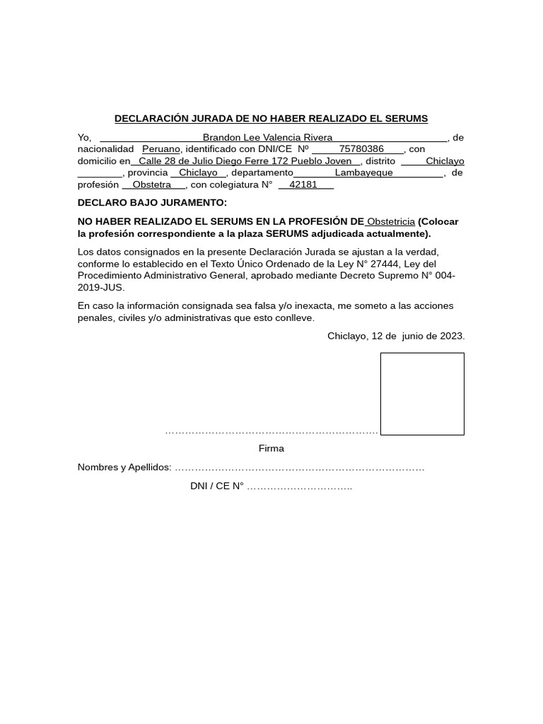 Declaración Jurada de No Haber Realizado El Serums | PDF | Documento de ...