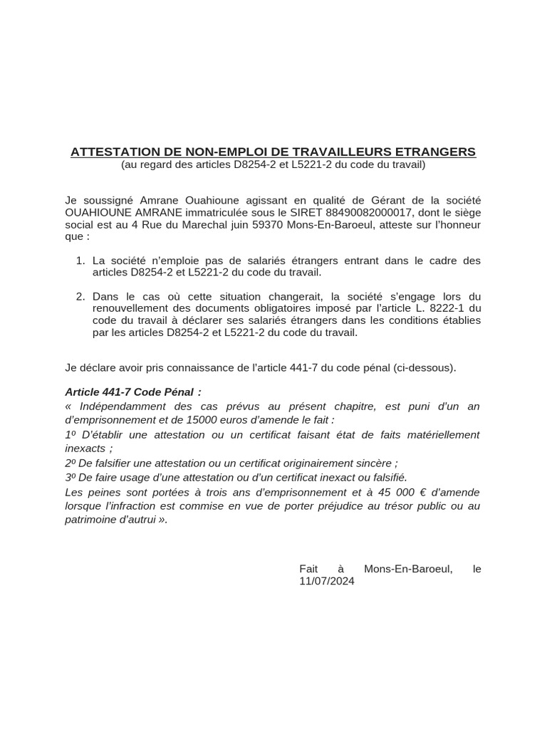 Copie de Modele Attestation Non Emploi de Travailleurs Etrangers | PDF