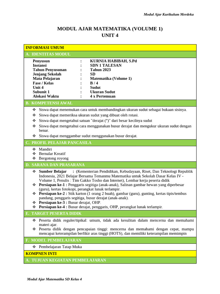 Modul Ajar MTK Unit 4 | PDF