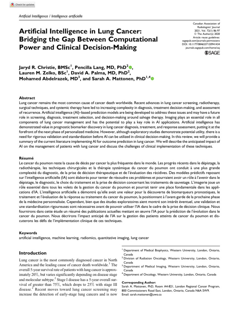 Christie Et Al 2020 Artificial Intelligence in Lung Cancer Bridging The ...