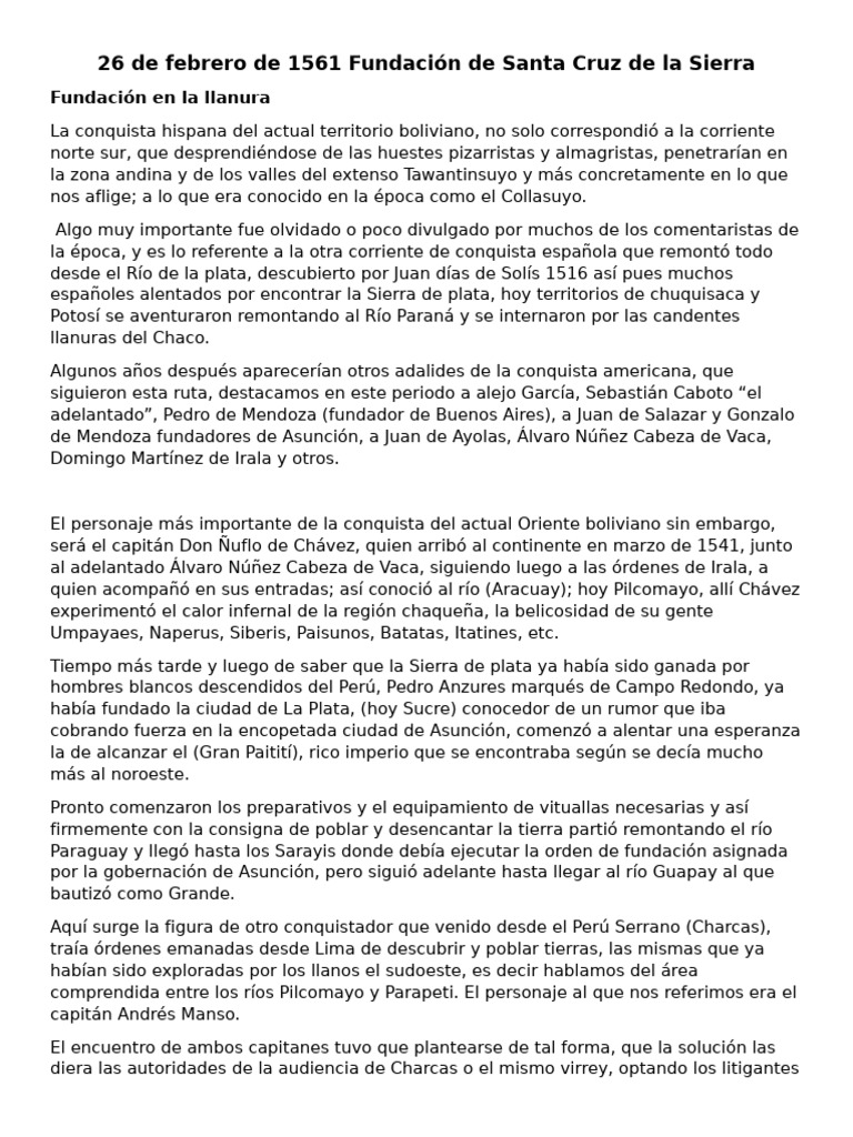 26 de Febrero de 1561 Fundacion de Santa Cruz de La Sierra | PDF