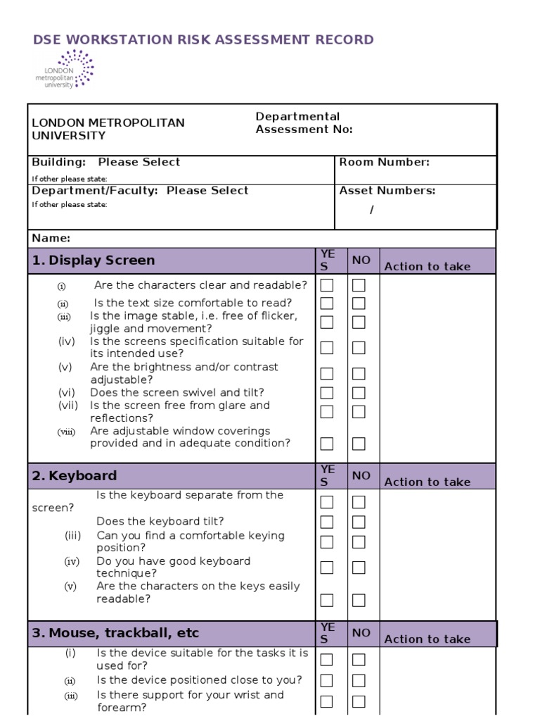 DSE Workstation Risk Assessment Template | PDF | Computer Keyboard | Chair