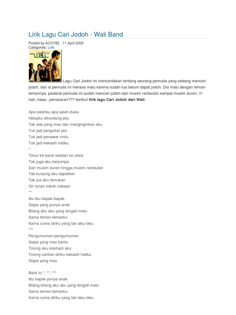 Lirik Lagu Cari Jodoh