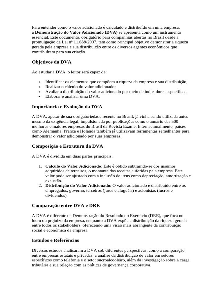 Objetivos Da DVA: Demonstração Do Valor Adicionado (DVA) | PDF