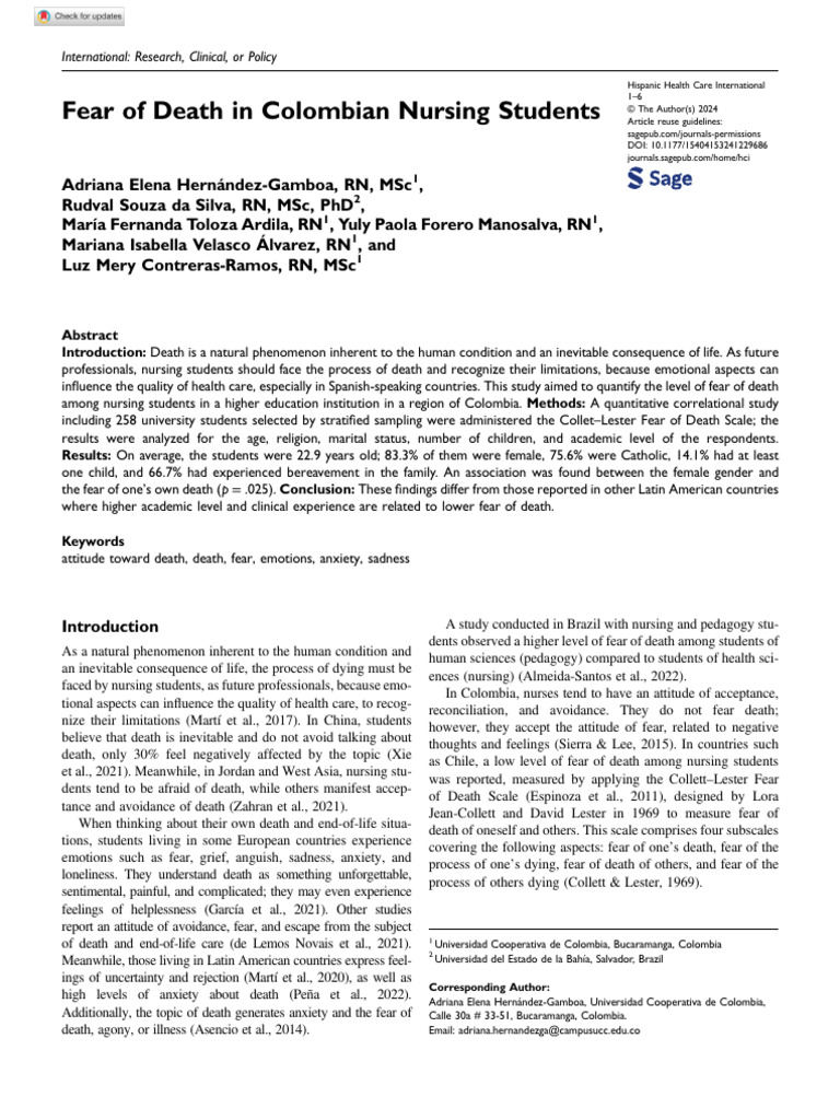 Hernandez Gamboa Et Al 2024 Fear of Death in Colombian Nursing Students