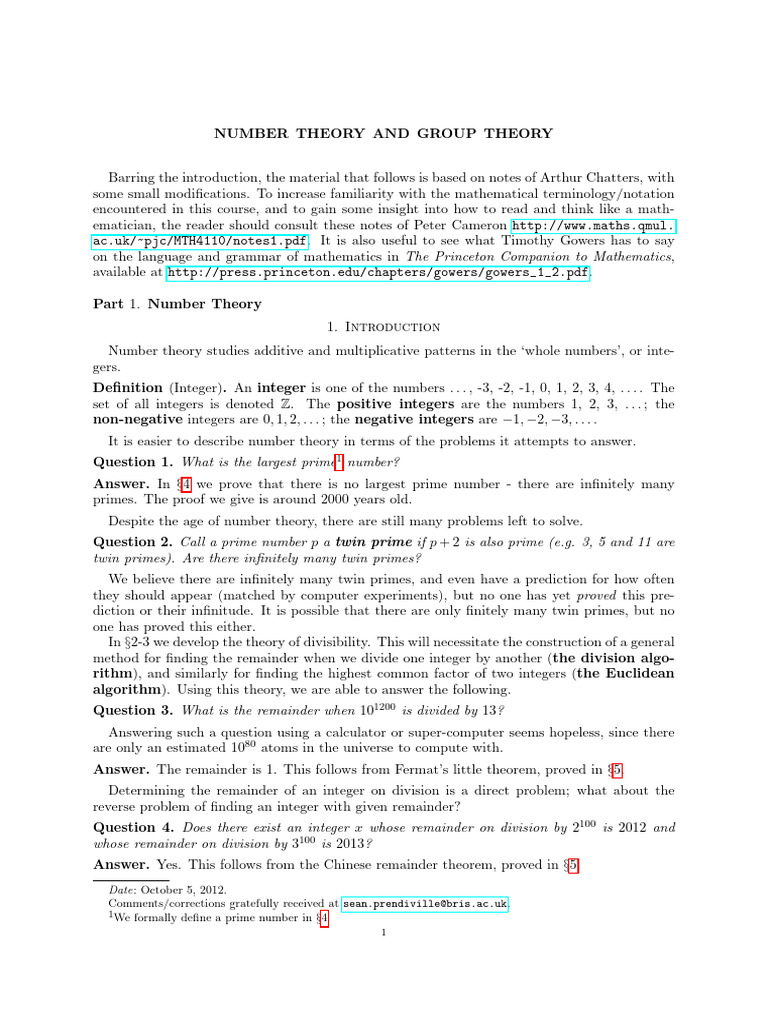 Number Theory and Group Theory 2012 With Solutions (Sean Prendiville) | PDF