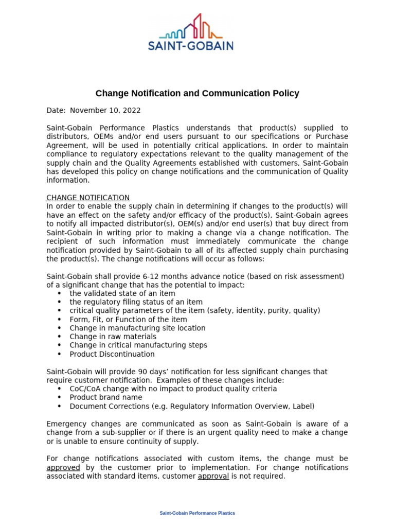 SOP-FLS-CORP-0063 Change Notification and Communication Policy Rev 1 | PDF