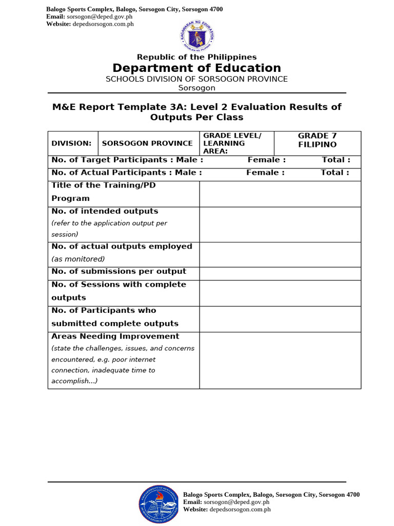 ME Report Template 3A Level 2 Evaluation Results of Outputs Per Class ...