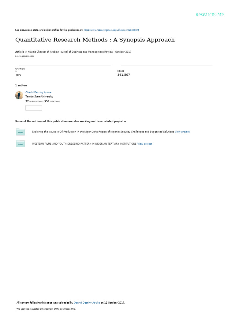 Quantitative Research Methods: A Synopsis Approach: Article | PDF
