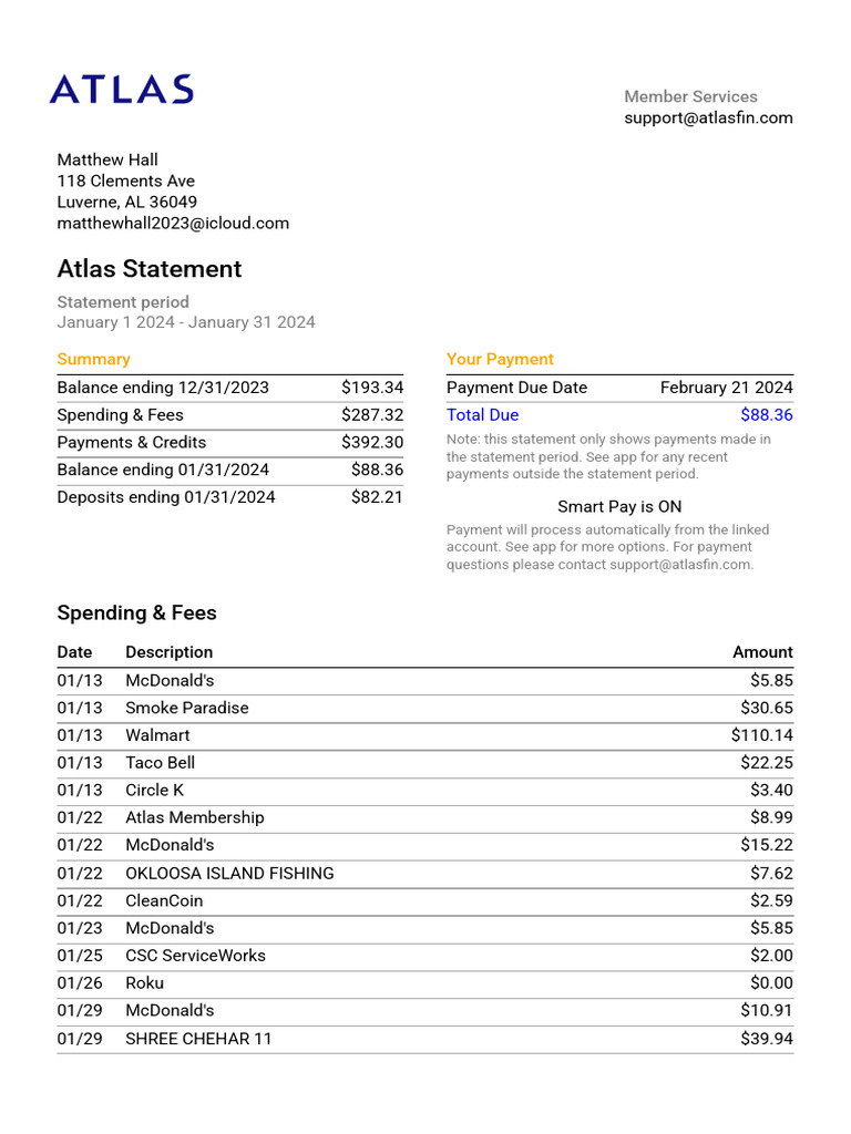 Atlas SmartPay Member Statement Summary | PDF | Credit Card | Payments