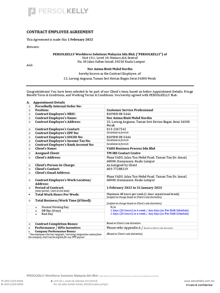 Contract of Employment - TMSRC - Nor Azima Binti Mohd Nordin | PDF ...