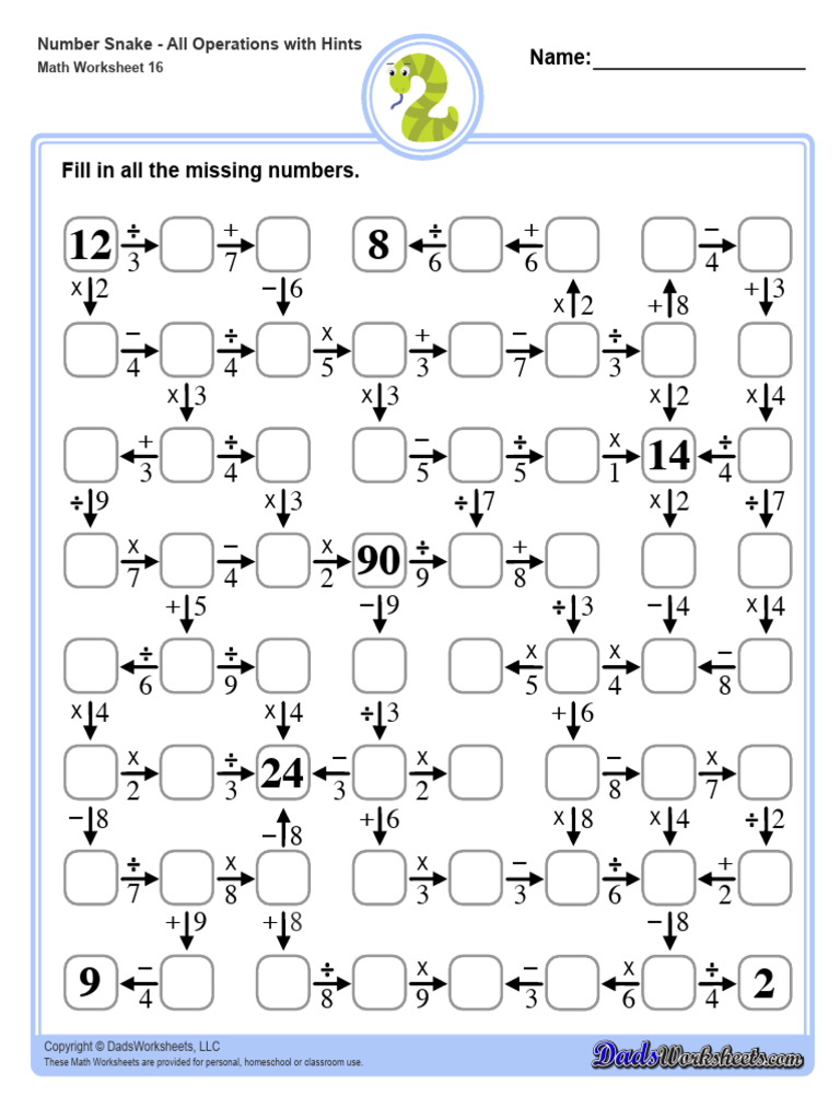 Number Snake All Operations Large With Hints | PDF