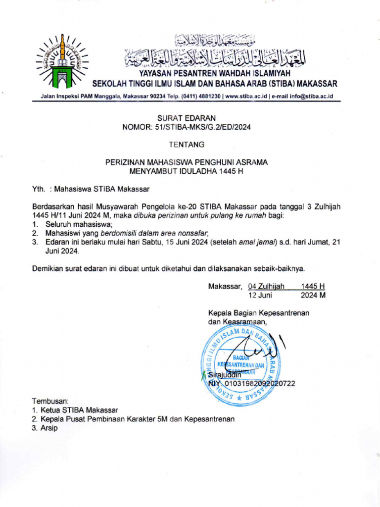 Surat edaran perizinan mahasiswa penghuni asrama menyambut idul adha pdf