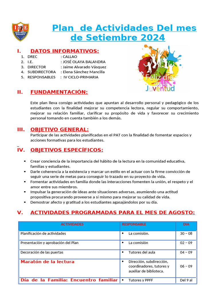 Plan de Actividades Septiembre 2024 | PDF