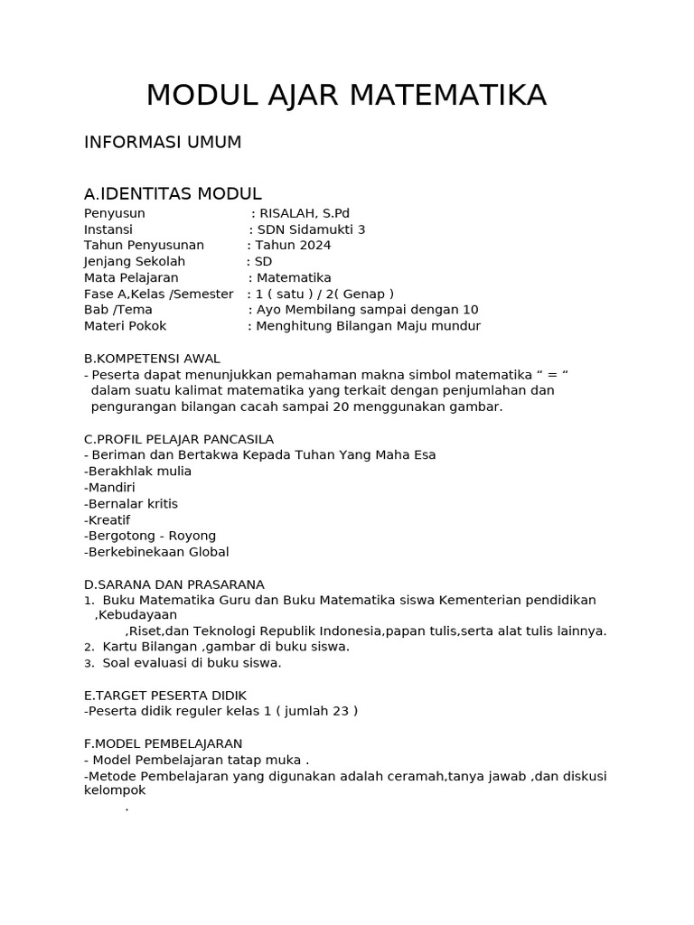 Modul Ajar Matematika Kelas 1 Semester 2 TP 2023 2024 1 | PDF