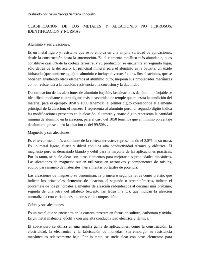 Clasificación de Metales y Aleaciones No Ferrosas | PDF | Aleación ...