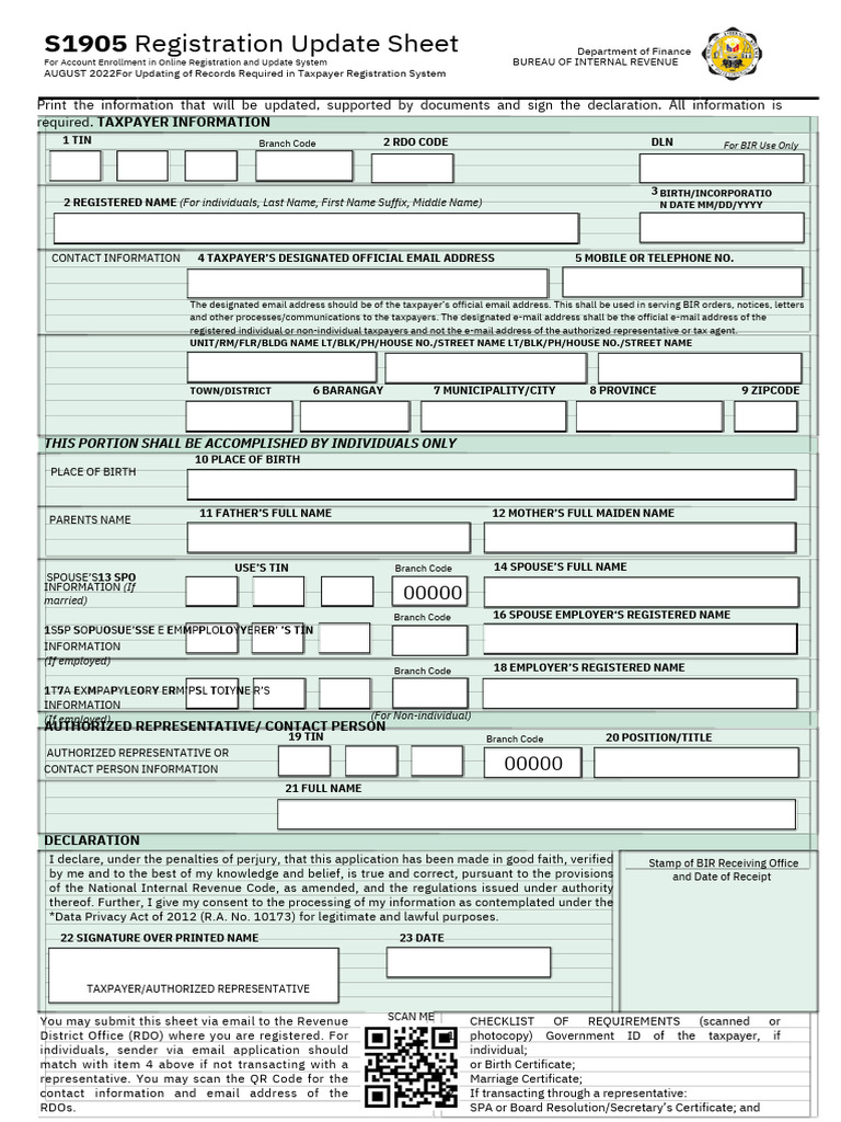 S1905 Registration Update Sheet | PDF