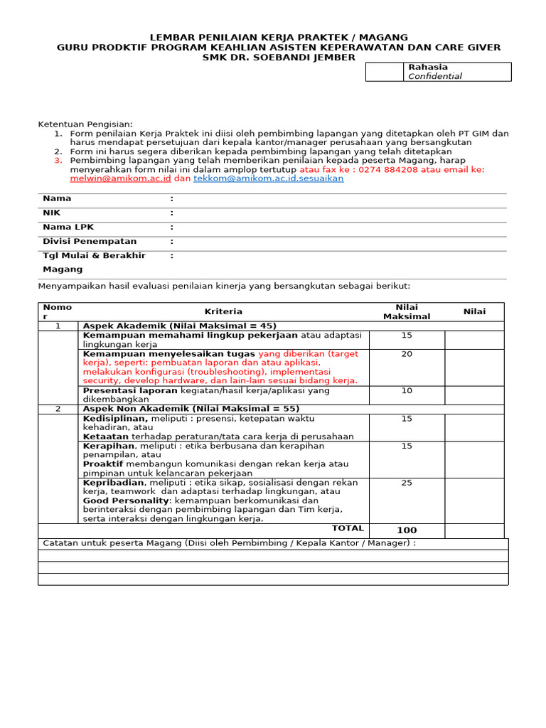 Form Penilaian Magang Pilihan | PDF