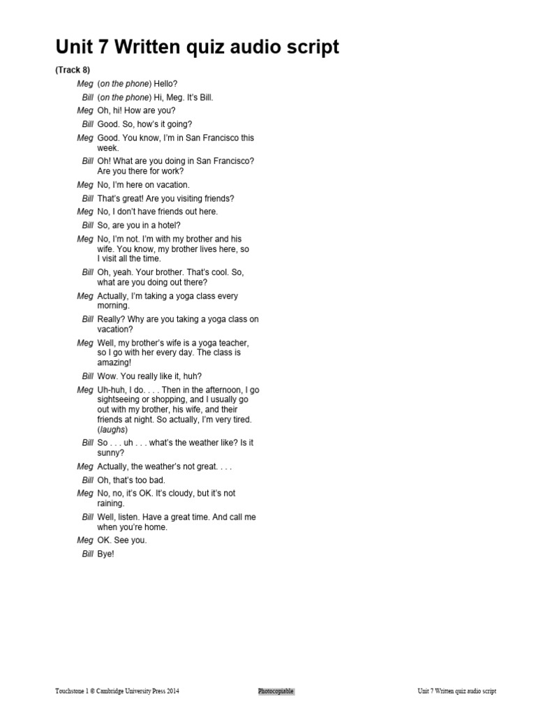 Unit 7 Written Quiz Audio Script: Meg On The Phone Bill On The Phone ...