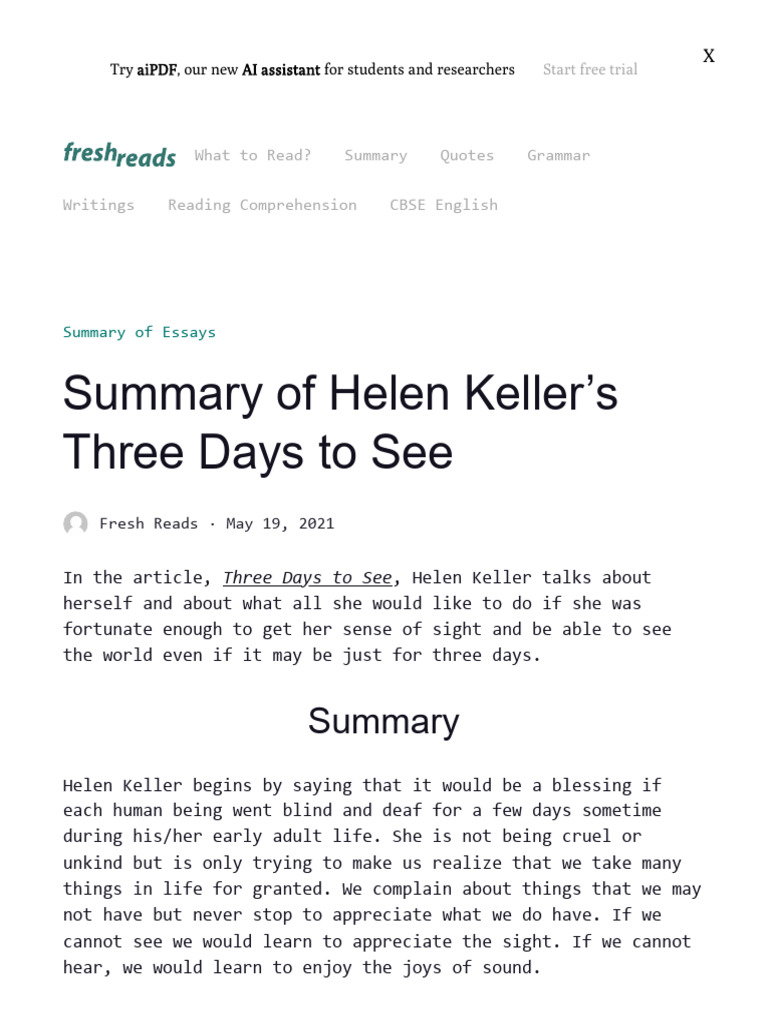 Three Days To See by Helen Keller - Summary | PDF
